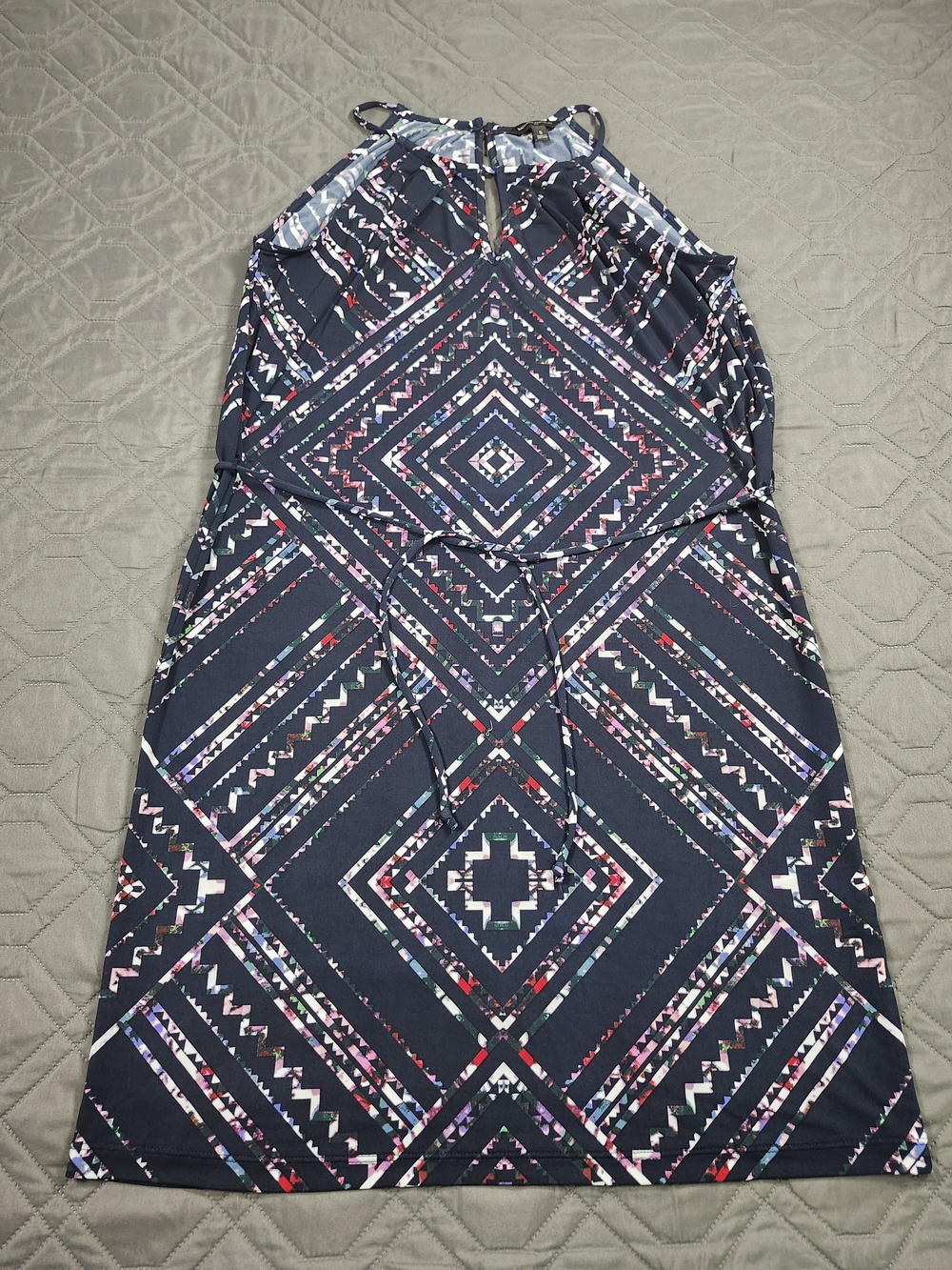 Banana Republic dress navy blue base geometric diamond pattern keyhole neckline